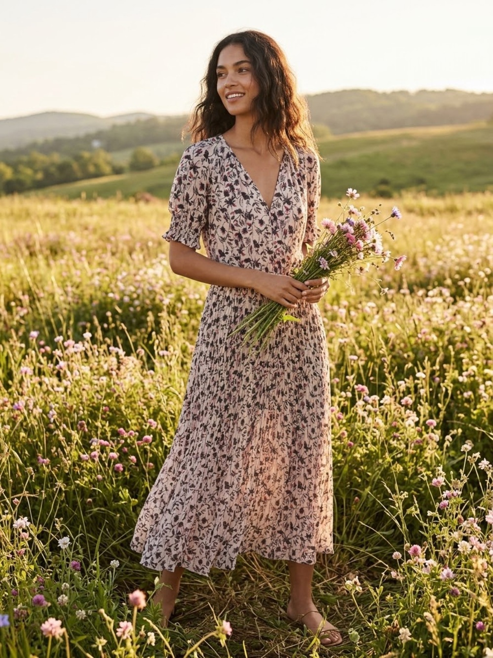 Club Monaco Pink Floral Smocked-Waist Midi Dress